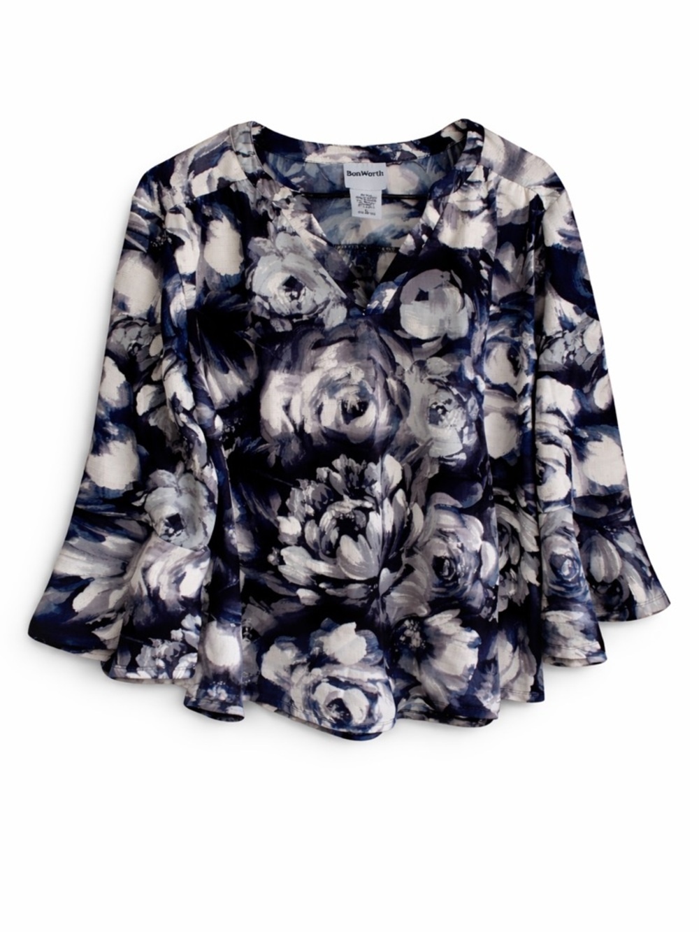 BonWorth Floral Blouse Bell Sleeve Navy White Top Size L NWT